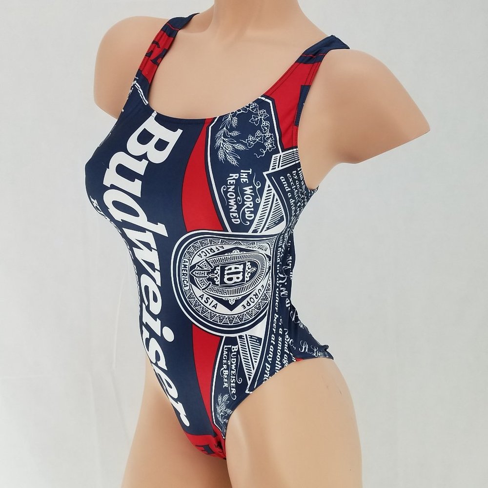 BUDWEISER Swimsuit Vintage 90s Spandex One Piece Racerback Leotard Sz 9/10
